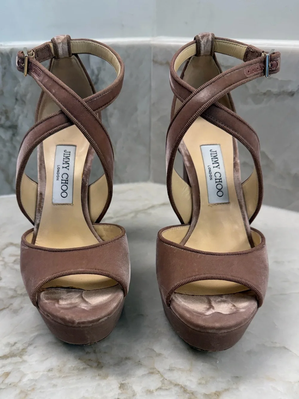 Jimmy Choo April Cross Mauve Pink Velvet Platform Sandal